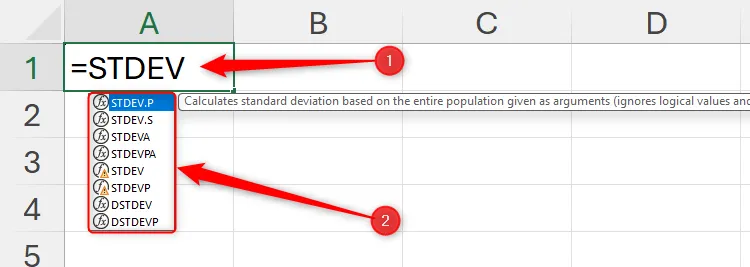 Các hàm độ lệch chuẩn (STDEV) khác nhau được hiển thị khi nhập &quot;=STDEV&quot; vào ô A1 trong Excel.