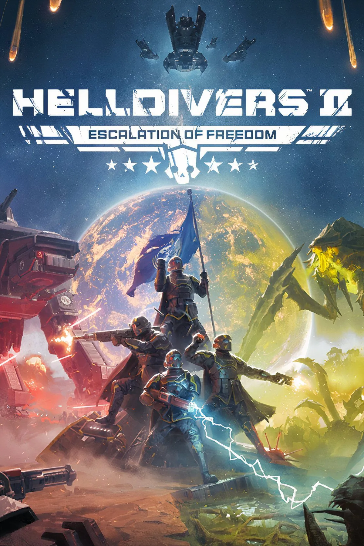 Các Helldiver đang bắn hạ quái vật ngoài hành tinh khổng lồ trong một trận chiến dữ dội