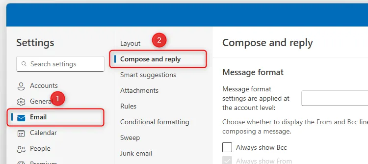 Các menu Email và Compose And Reply (Soạn và Trả lời) trong cửa sổ cài đặt của Outlook mới.