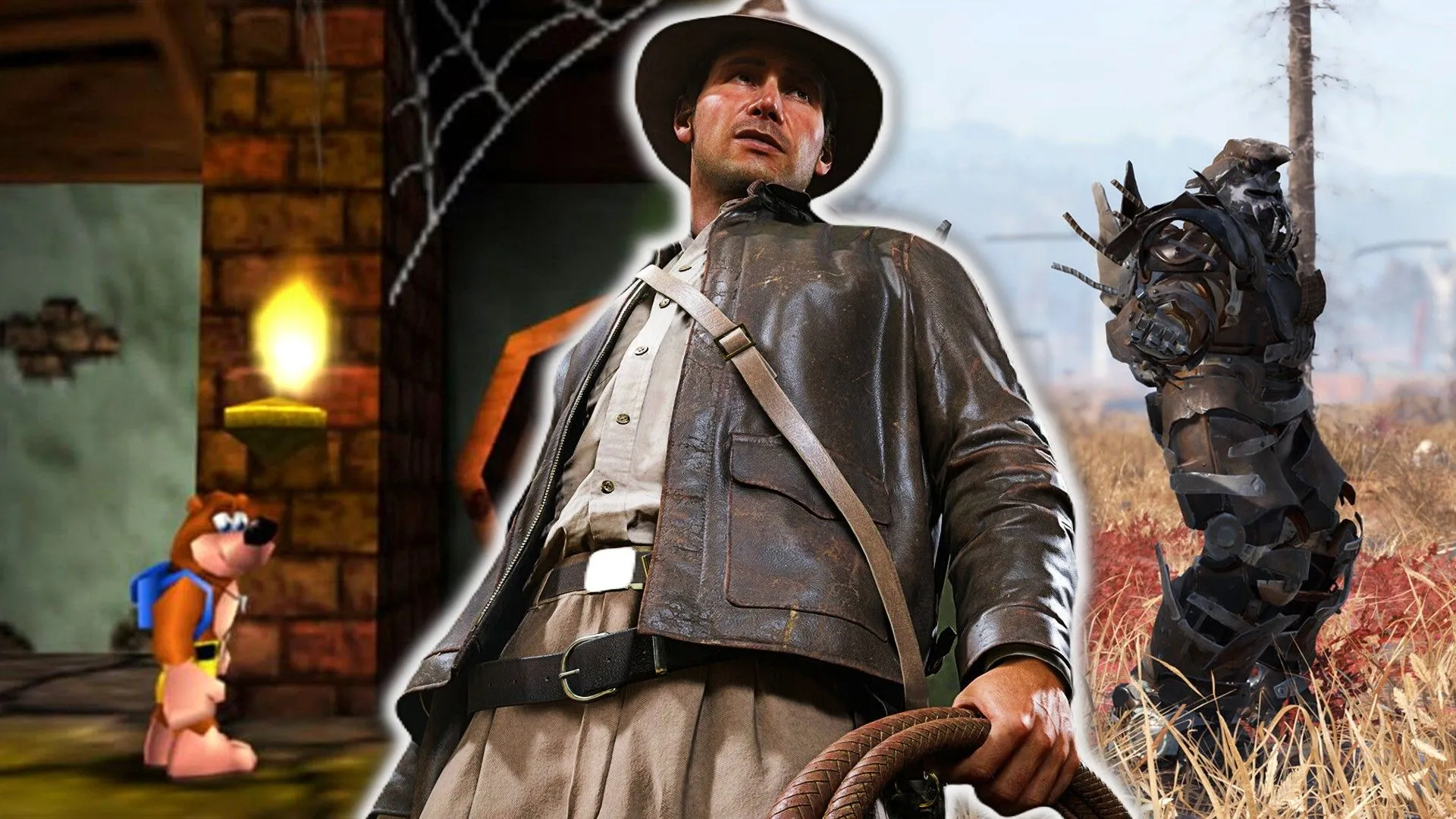 Các nhân vật game nổi tiếng như Indiana Jones, Banjo-Kazooie và người lính Fallout 76 minh họa cho sự đa dạng game trên console Nintendo Switch 2.