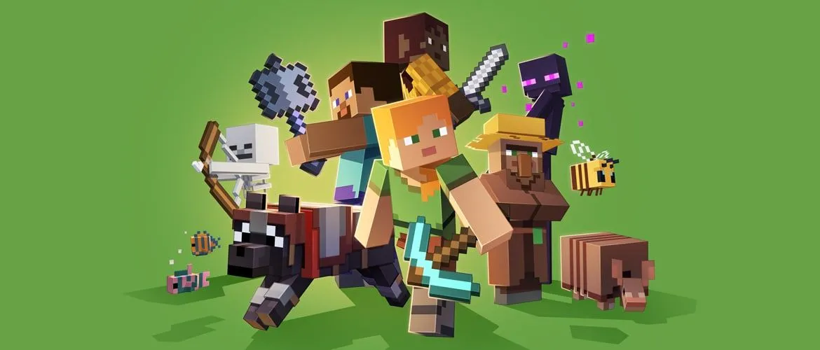 Các nhân vật Minecraft trên nền xanh lá, minh họa thế giới game
