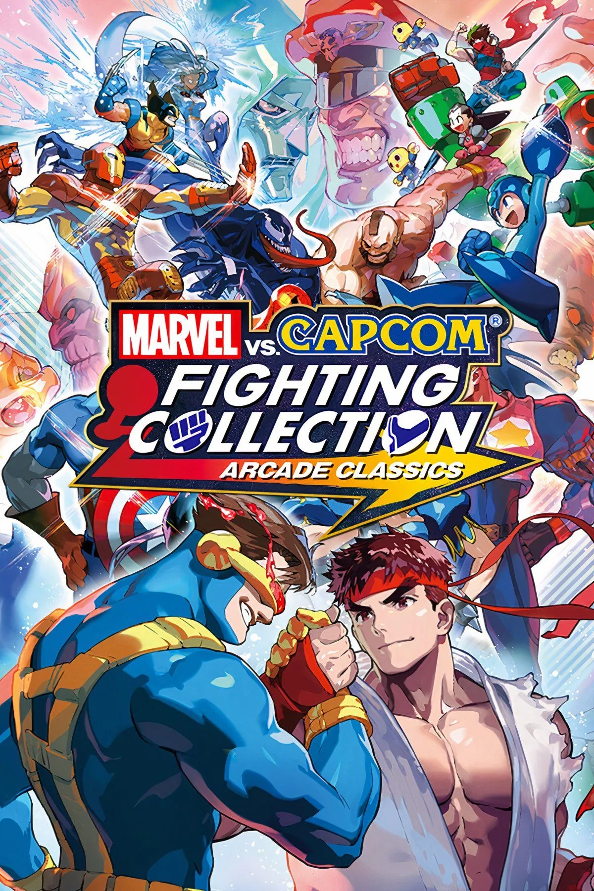 Các nhân vật trong game đối kháng Marvel Vs. Capcom, minh họa cho đồ họa pixel độc đáo và mang tính biểu tượng của game cổ điển.