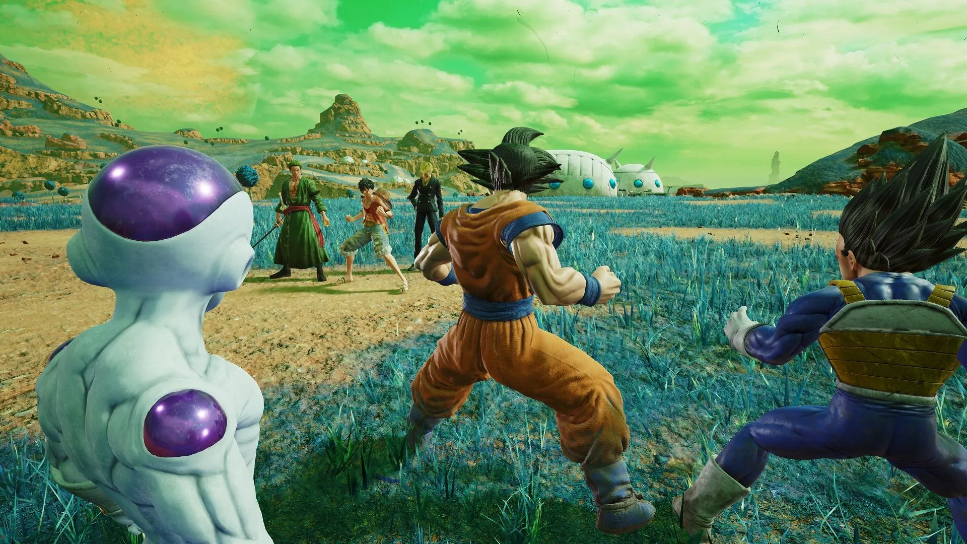 Các nhân vật từ Jump Force với đồ họa chân thực, thiếu cel-shading gây cảm giác không tự nhiên.