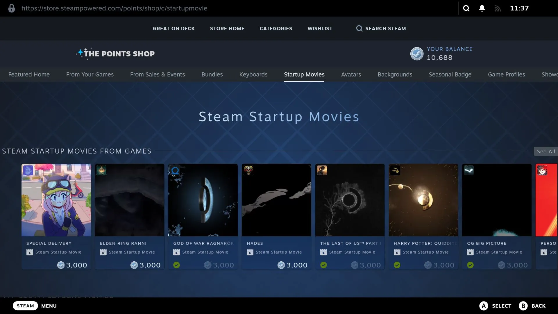 Các phim khởi động Steam có sẵn trong Cửa hàng Điểm, hiển thị nhiều tùy chọn theo chủ đề game khác nhau để người dùng lựa chọn.