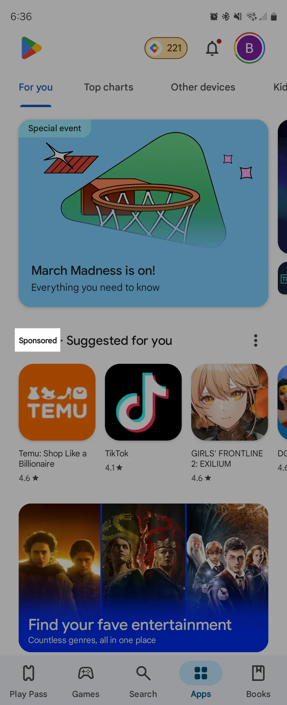 Các trò chơi được tài trợ trên Google Play Store xuất hiện trong bố cục dạng lưới, dễ gây nhầm lẫn với nội dung đề xuất.