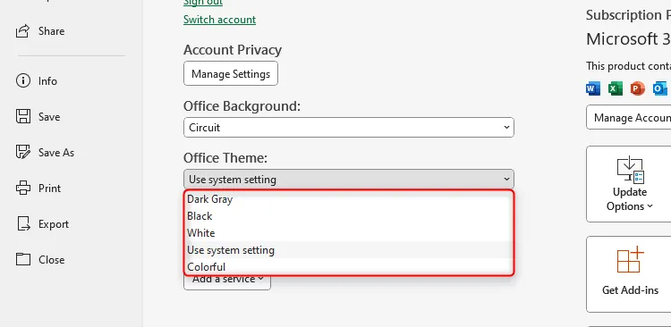 Các tùy chọn chủ đề Office khác nhau trong cài đặt tài khoản của Excel