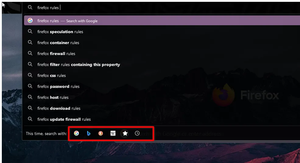 Các tùy chọn công cụ tìm kiếm đa dạng trên thanh địa chỉ (Omnibar) của Firefox