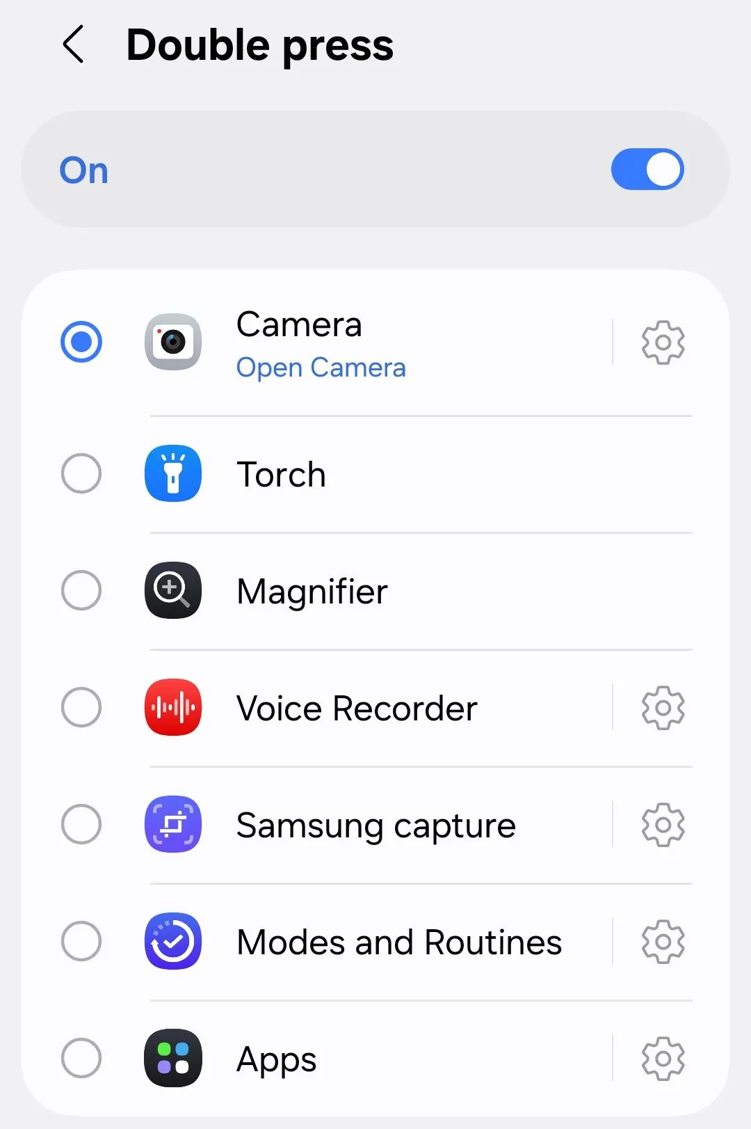 Các tùy chọn để tùy chỉnh thao tác nhấn đúp nút cạnh trên Galaxy S25.