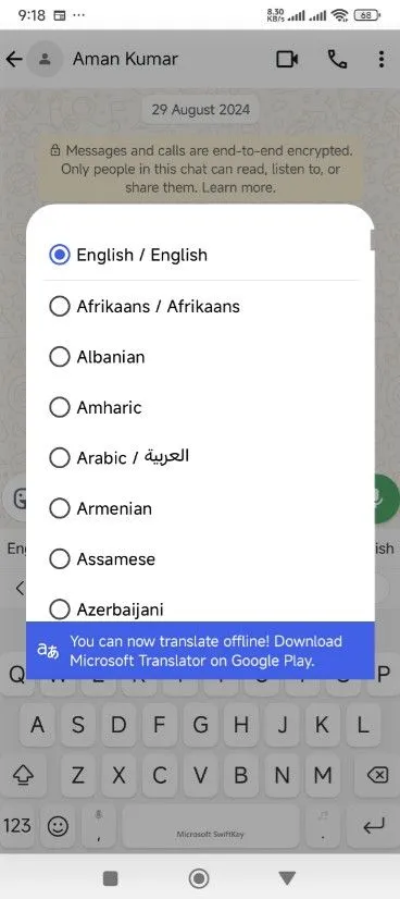 Các tùy chọn ngôn ngữ dịch thuật đa dạng trên Microsoft SwiftKey.