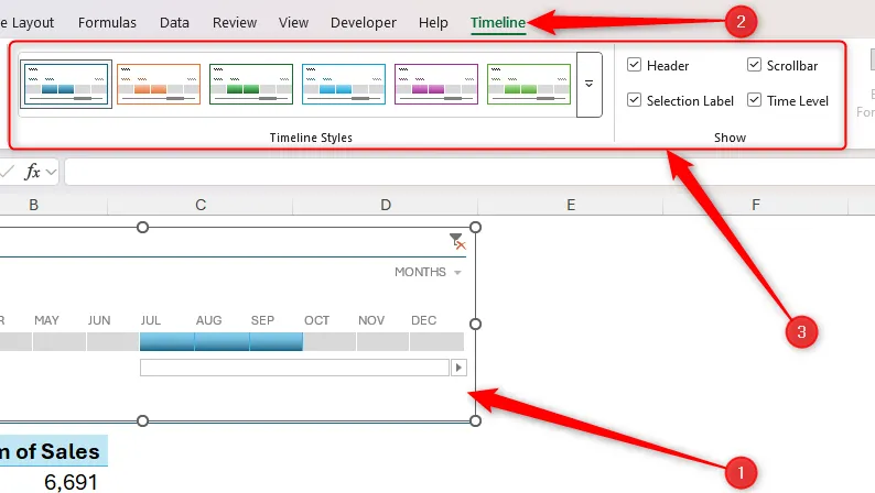 Các tùy chọn nhóm Timeline Styles và Show trong thẻ Timeline trên thanh Ribbon Excel