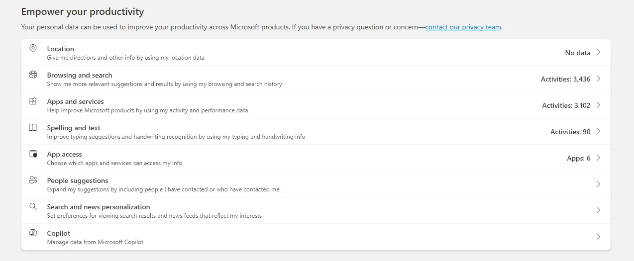 Các tùy chọn quản lý dữ liệu trong Microsoft Privacy Dashboard, bao gồm xem, tải xuống và xóa dữ liệu.