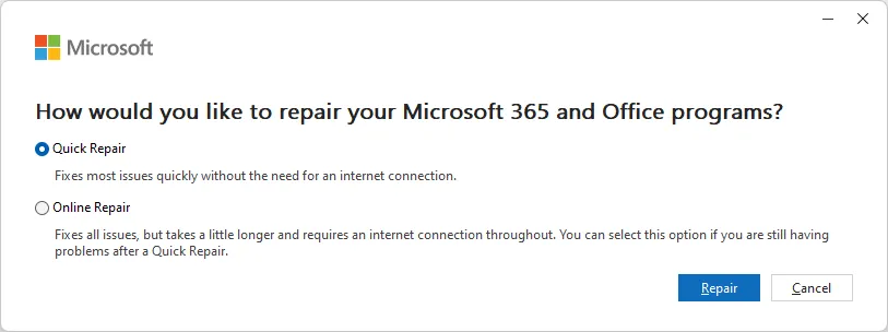 Các tùy chọn sửa chữa cho Microsoft 365 trên Windows 11, bao gồm 'Quick Repair' (Sửa chữa Nhanh) và 'Online Repair' (Sửa chữa Trực tuyến)