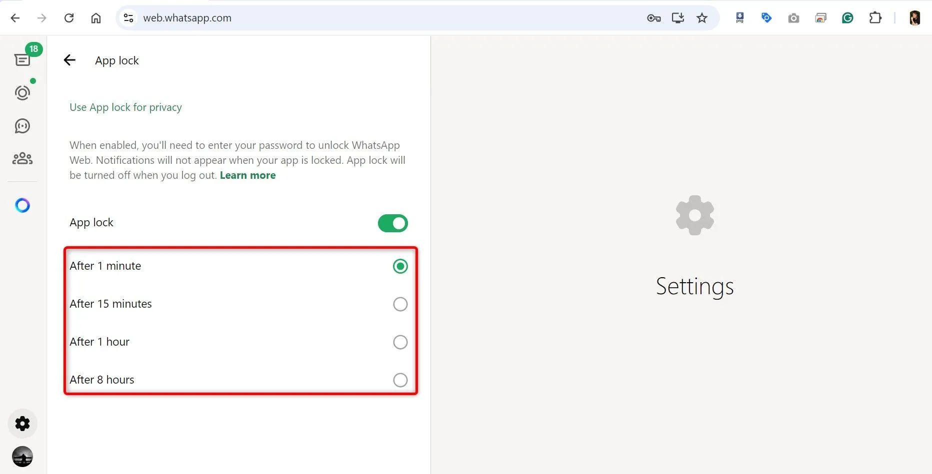 Các tùy chọn thời gian khác nhau được tô sáng cho WhatsApp Web