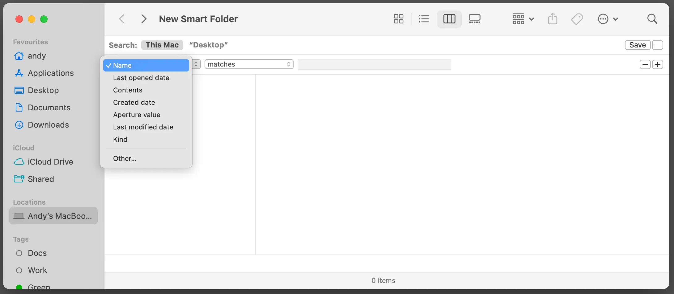 Các tùy chọn tiêu chí tìm kiếm nâng cao cho Smart Folder, giúp người dùng tùy chỉnh bộ lọc file trên Mac.
