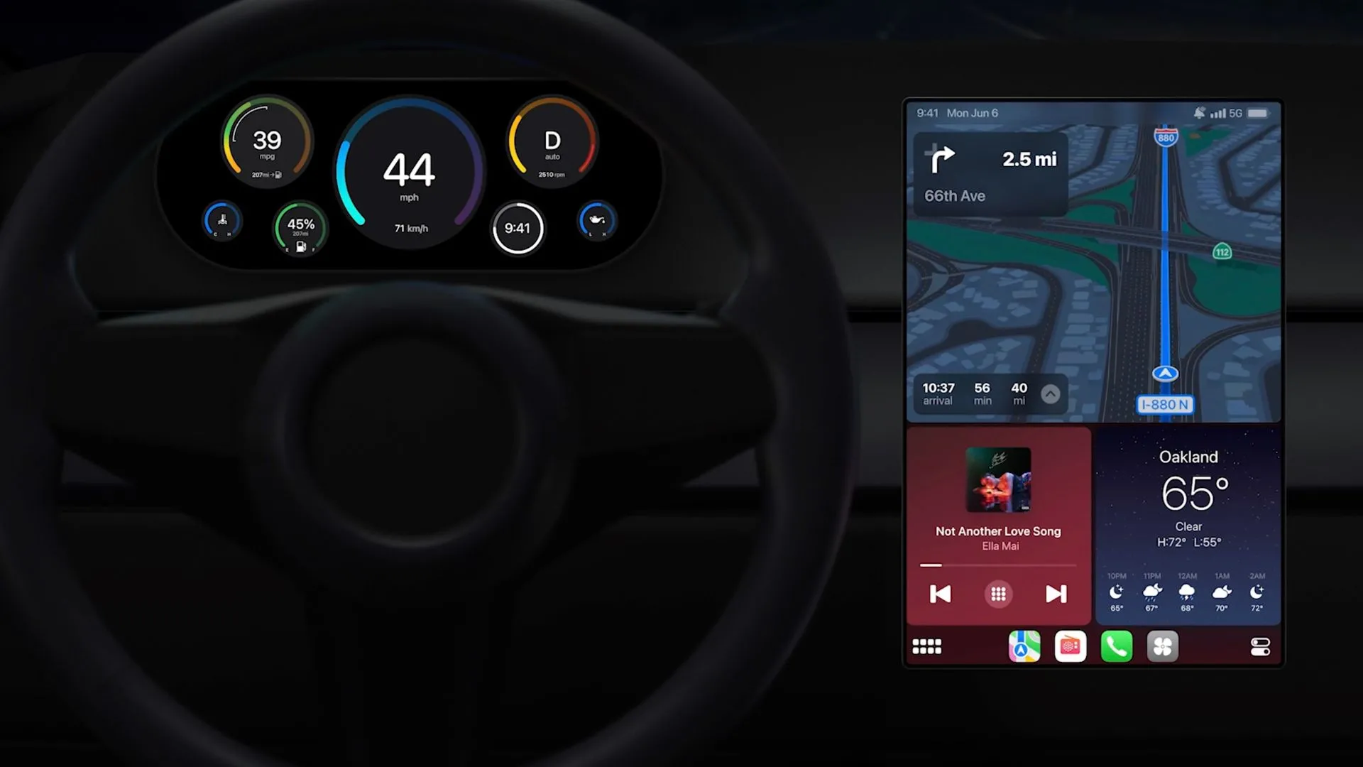 Các tùy chọn tùy biến giao diện cụm đồng hồ trên Apple CarPlay thế hệ mới, hiển thị thông tin xe và các widget tiện ích.