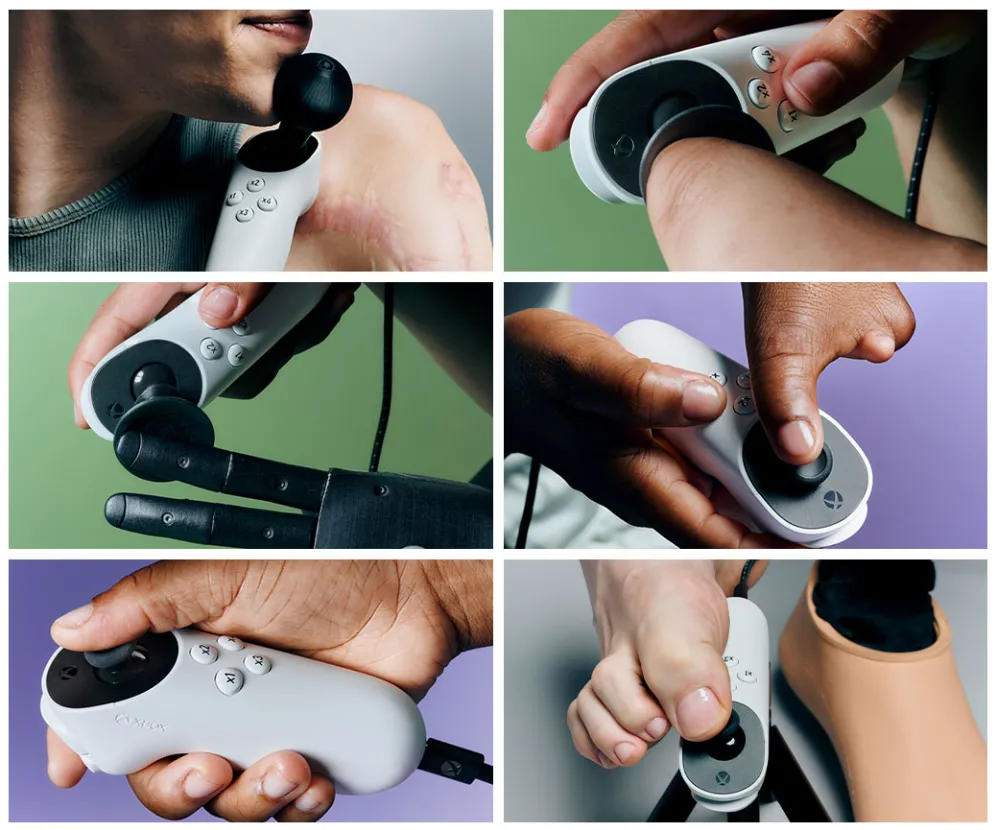 Các ví dụ minh họa về cách sử dụng Xbox Adaptive Joystick, giúp game thủ khuyết tật dễ dàng điều khiển trò chơi.