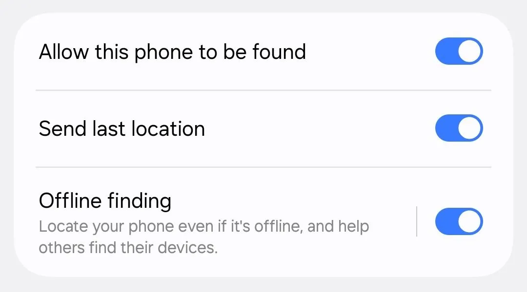 Cài đặt cho phép tìm điện thoại và gửi vị trí cuối cùng trong Find My Mobile của Samsung.