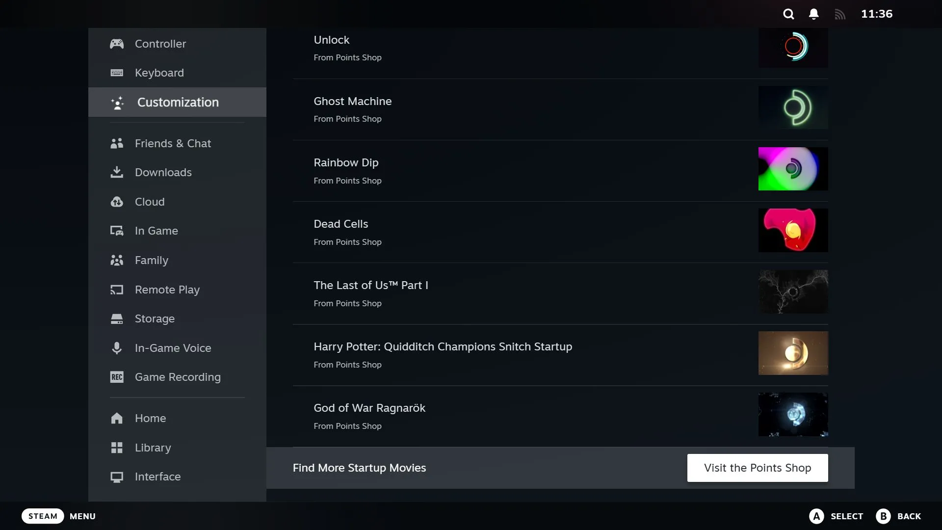 Cài đặt Customization của Steam, với tùy chọn &quot;Visit the Points Shop&quot; được tô sáng, cho phép người dùng truy cập cửa hàng để mua các vật phẩm tùy chỉnh.