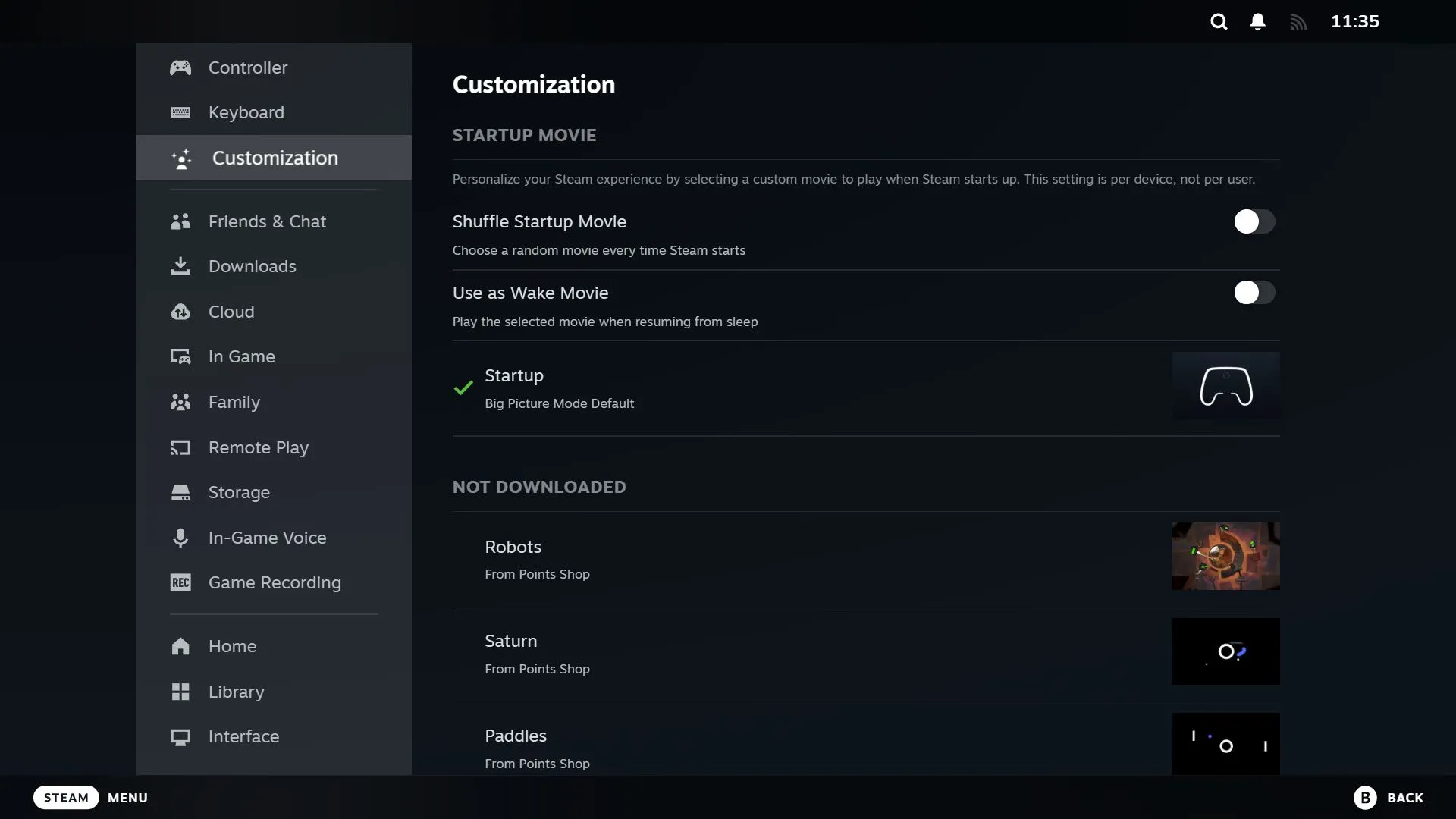 Cài đặt Customization (Tùy chỉnh) trong menu Steam, hiển thị các tùy chọn để cá nhân hóa giao diện và trải nghiệm người dùng.