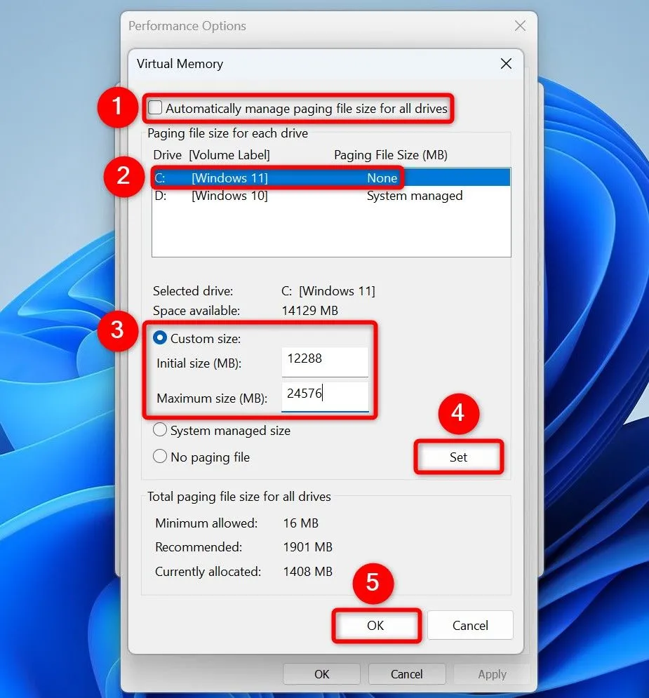 Cài đặt điều chỉnh kích thước bộ nhớ ảo (Virtual Memory) trên Windows 11, nơi người dùng có thể tùy chỉnh kích thước ban đầu và tối đa