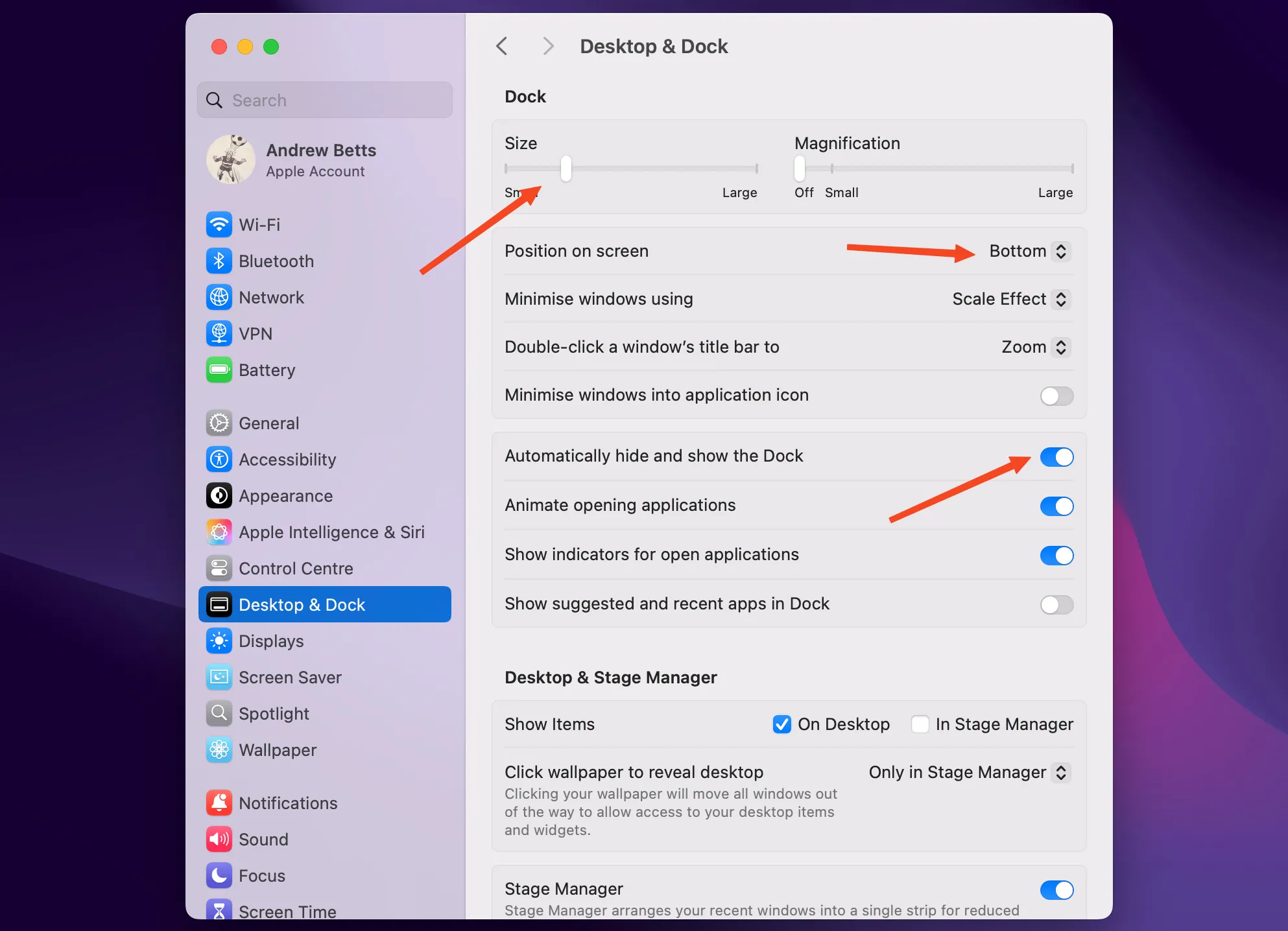 Cài đặt Dock trên macOS, hiển thị tùy chọn ẩn tự động và điều chỉnh kích thước Dock để tối ưu không gian màn hình MacBook.