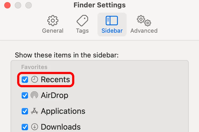 Cài đặt Finder của macOS với phần Recents trên thanh bên được đánh dấu.