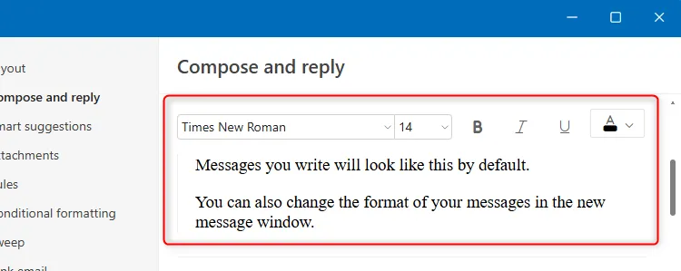 Cài đặt phông chữ mặc định trong mục Compose And Reply (Soạn và Trả lời) của Outlook mới.