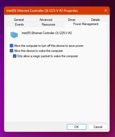 Cài đặt Quản lý Nguồn (Power Management) cho bộ điều hợp mạng Ethernet trên Windows.