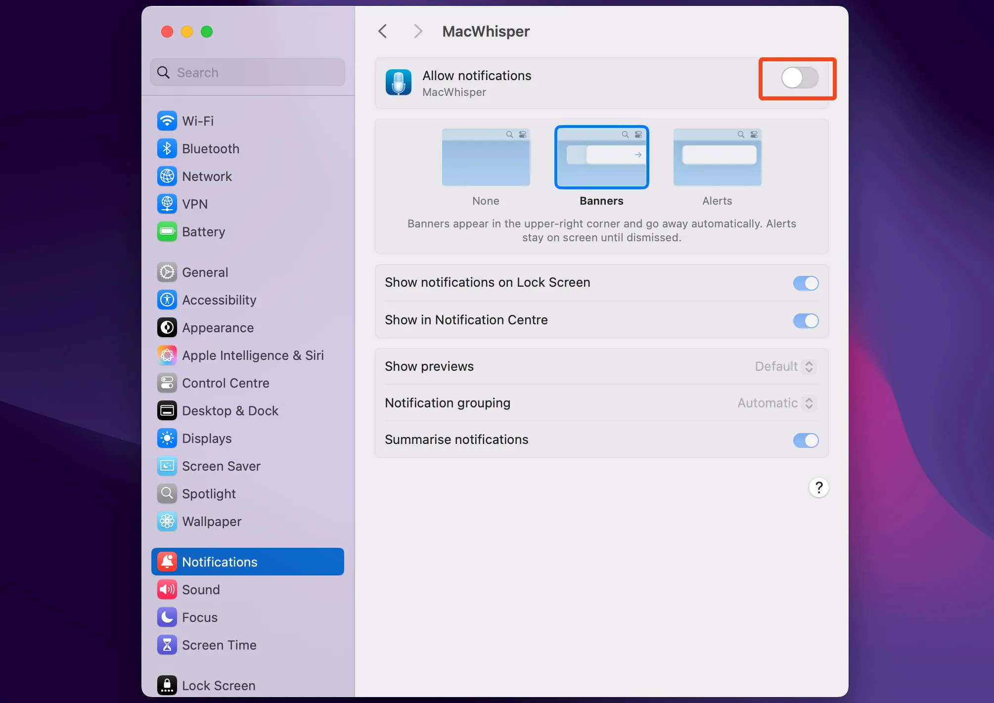 Cài đặt thông báo trên macOS, cho phép người dùng tùy chỉnh cách các ứng dụng gửi và hiển thị thông báo để giảm phiền nhiễu.