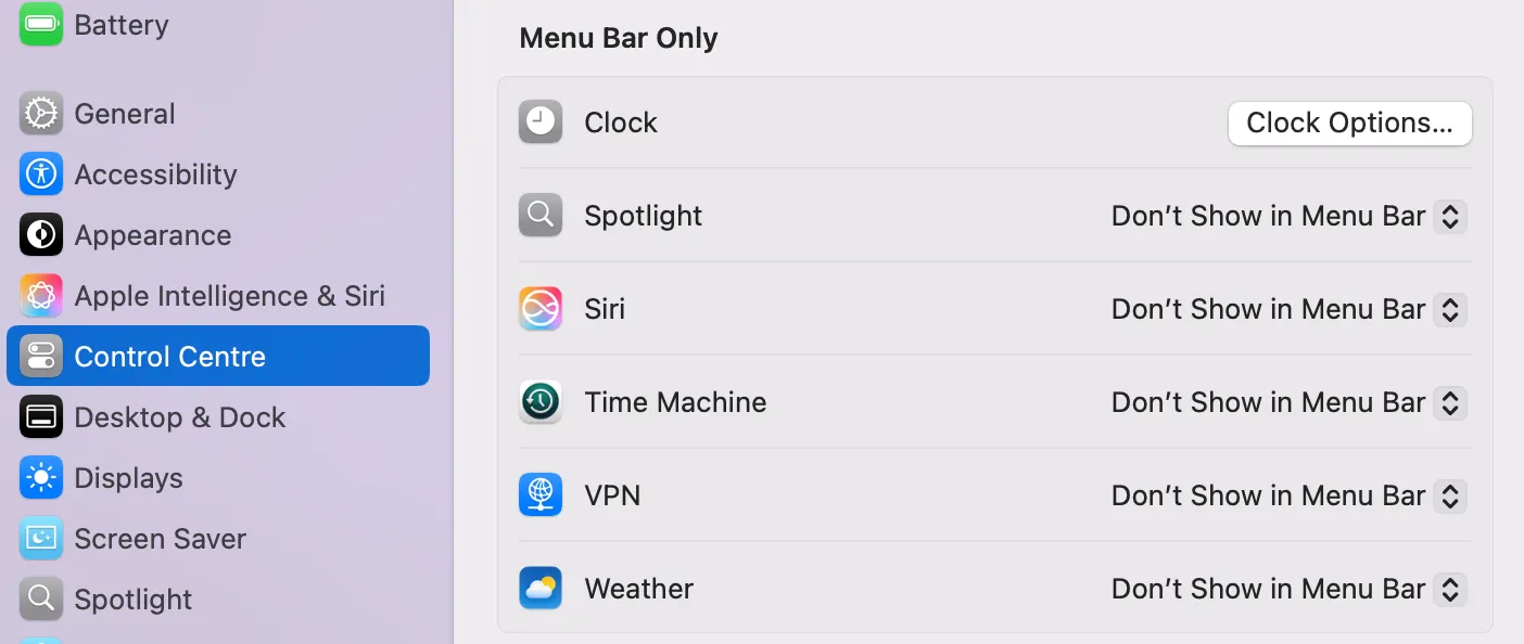 Cài đặt Trung tâm điều khiển (Control Center) và thanh Menu Bar trên macOS, hiển thị các tùy chọn để thêm hoặc loại bỏ các biểu tượng tiện ích.