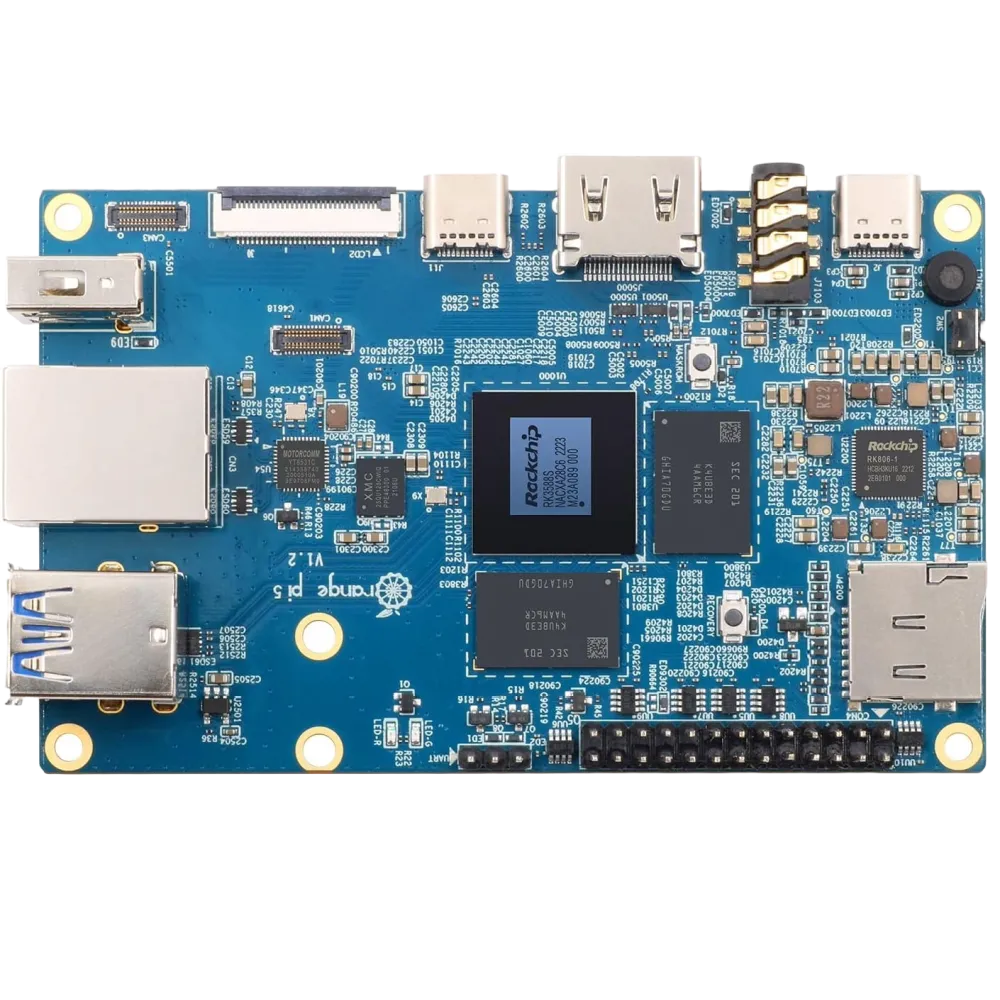 Cận cảnh bo mạch Orange Pi 5, thể hiện chi tiết CPU Rockchip RK3588S và các thành phần khác