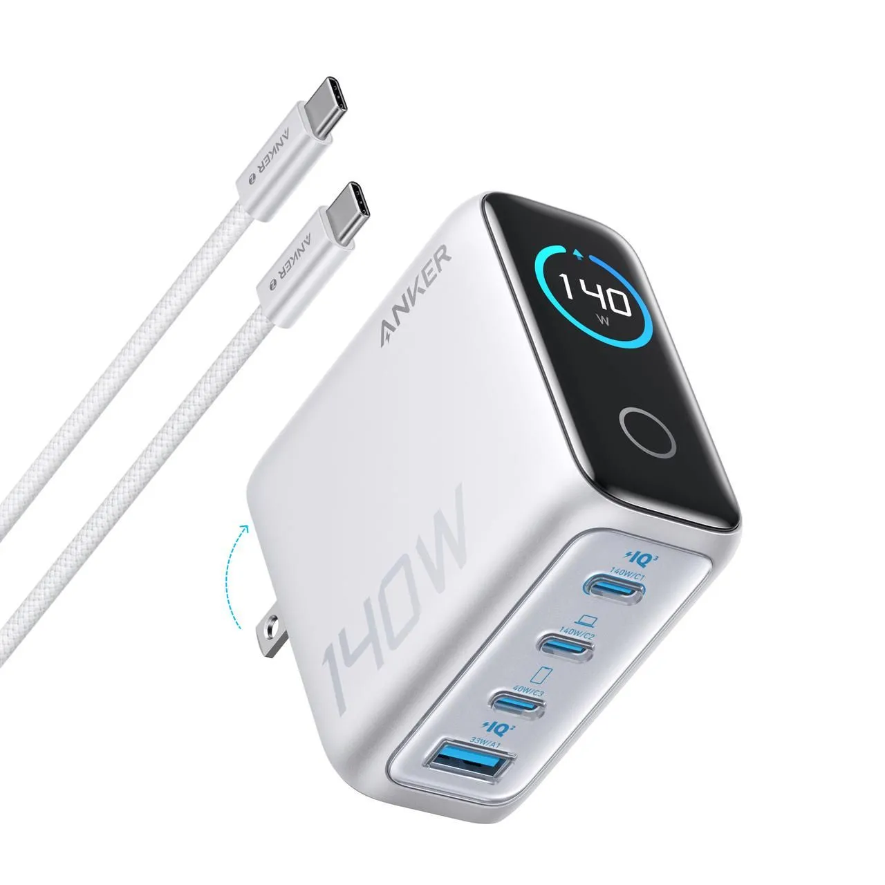 Cận cảnh bộ sạc Anker 140W màu bạc với màn hình hiển thị thông minh và các cổng sạc USB-C, USB-A.