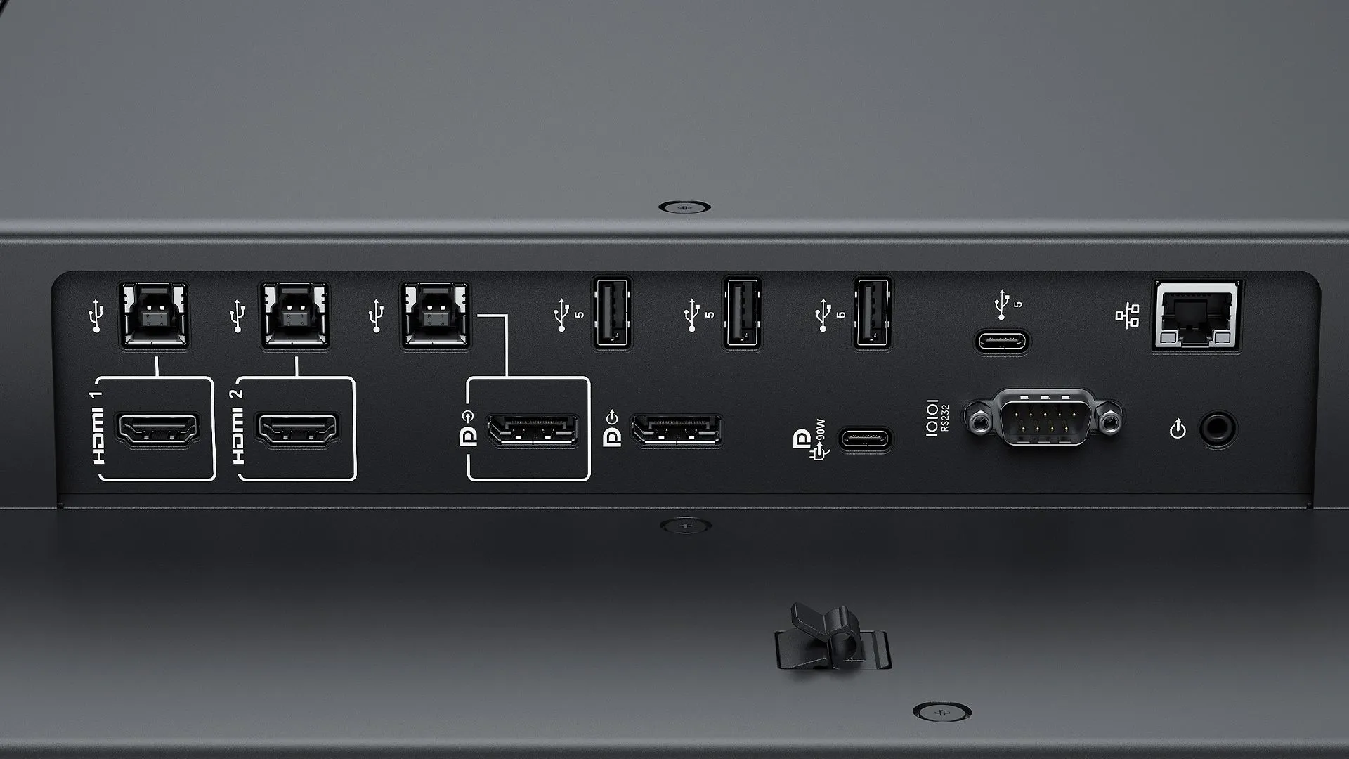 Cận cảnh các cổng kết nối bên cạnh của màn hình Dell Pro 75 Plus 4K Touch (P7525QT)