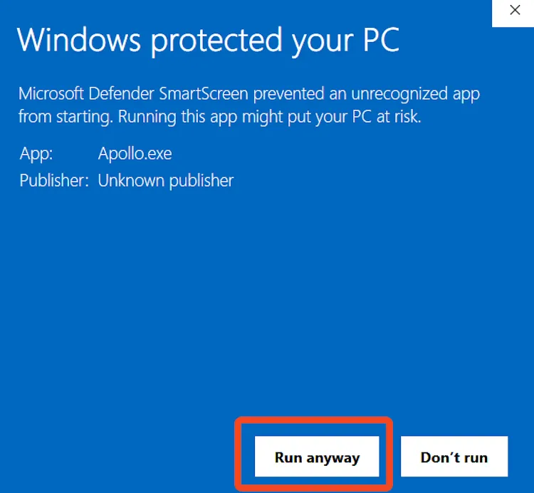 Cảnh báo ứng dụng không nhận dạng của Windows Defender.