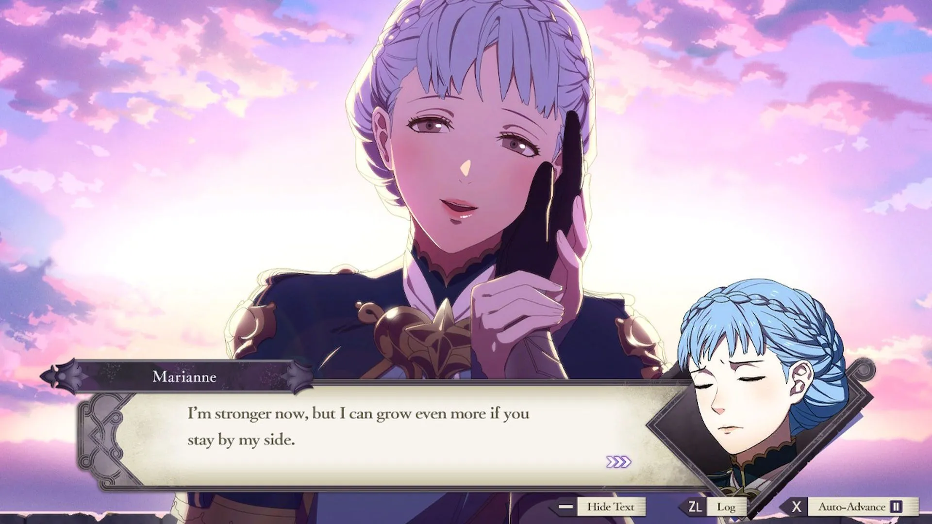Cảnh Byleth và Marianne lãng mạn trong Fire Emblem: Three Houses, thể hiện sự thỏa mãn khi chứng kiến nhân vật đạt được hạnh phúc và phát triển tích cực.