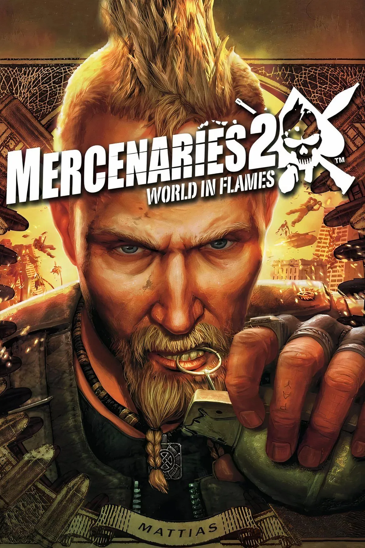 Cảnh cháy nổ và đổ nát trong game Mercenaries, thể hiện tính năng phá hủy môi trường đặc trưng