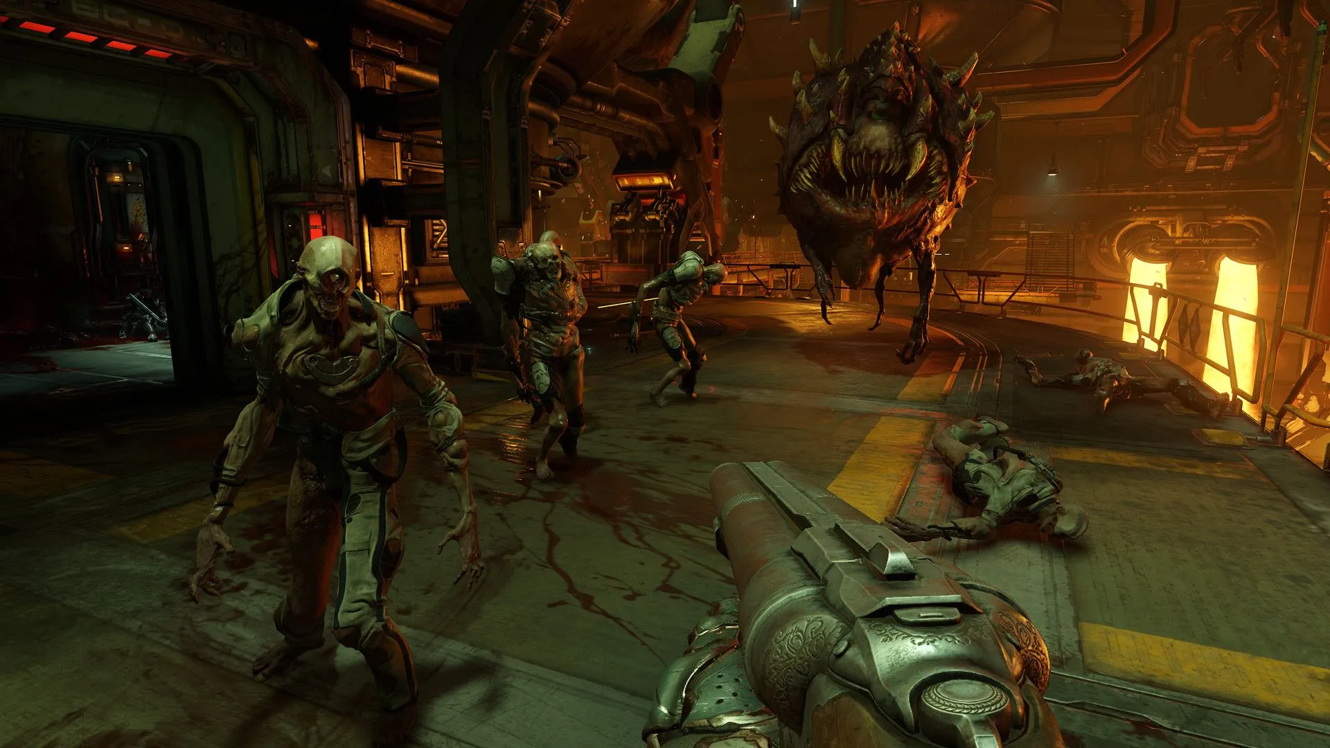 Cảnh chiến đấu kịch tính trong DOOM 2016 với nhiều loại quỷ dữ và nhân vật chính Doomguy sử dụng shotgun