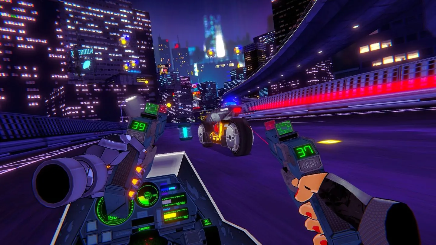 Cảnh chiến đấu tốc độ cao trong game VR RUNNER, một người lái xe mô tô cyberpunk đang bắn súng vào đối thủ trên đường cao tốc ảo, thể hiện gameplay hành động mãn nhãn.