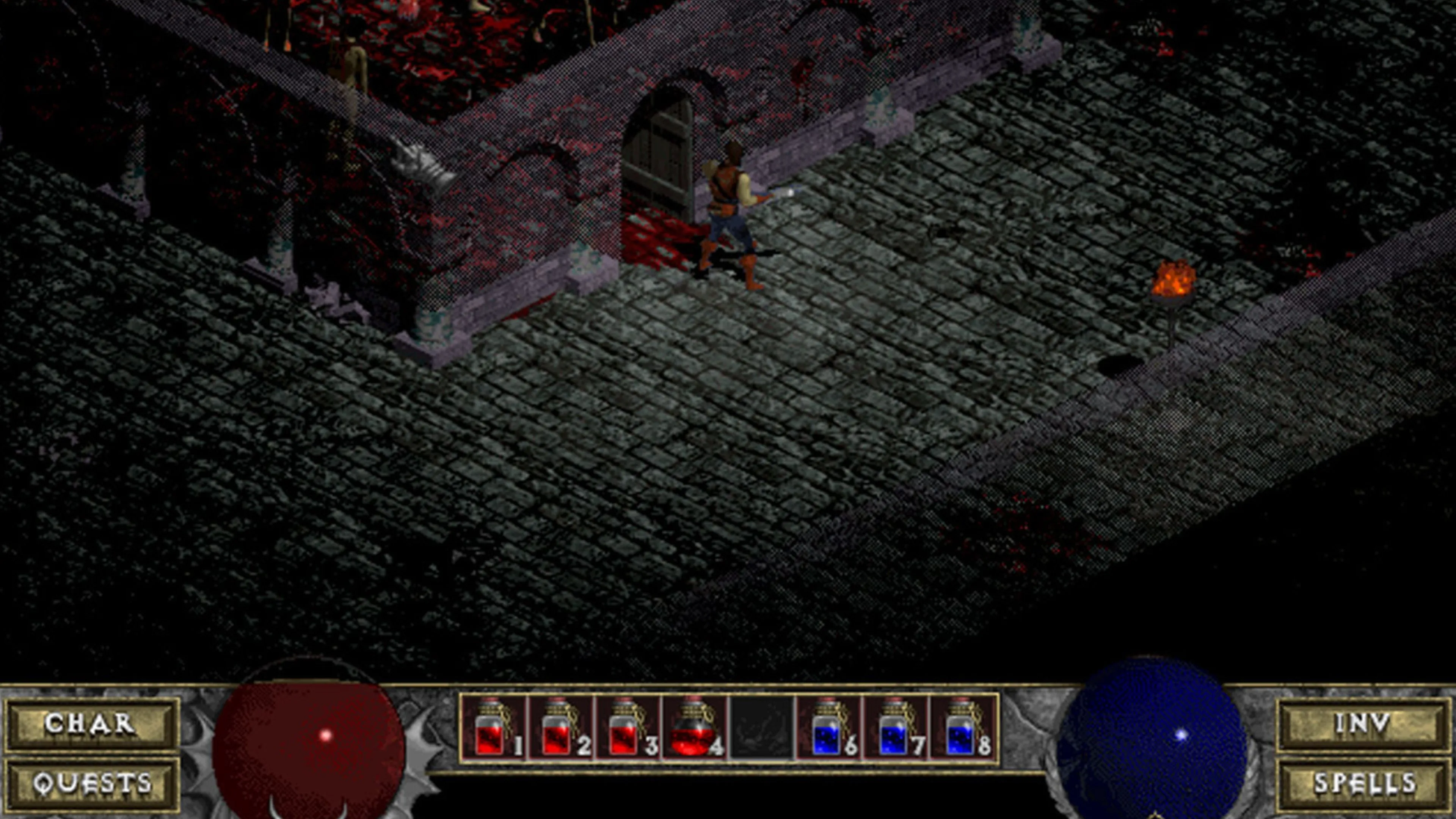 Cảnh chiến đấu trong game Diablo II, thể hiện đồ họa chi tiết và môi trường giàu sắc thái của trò chơi nhập vai hành động