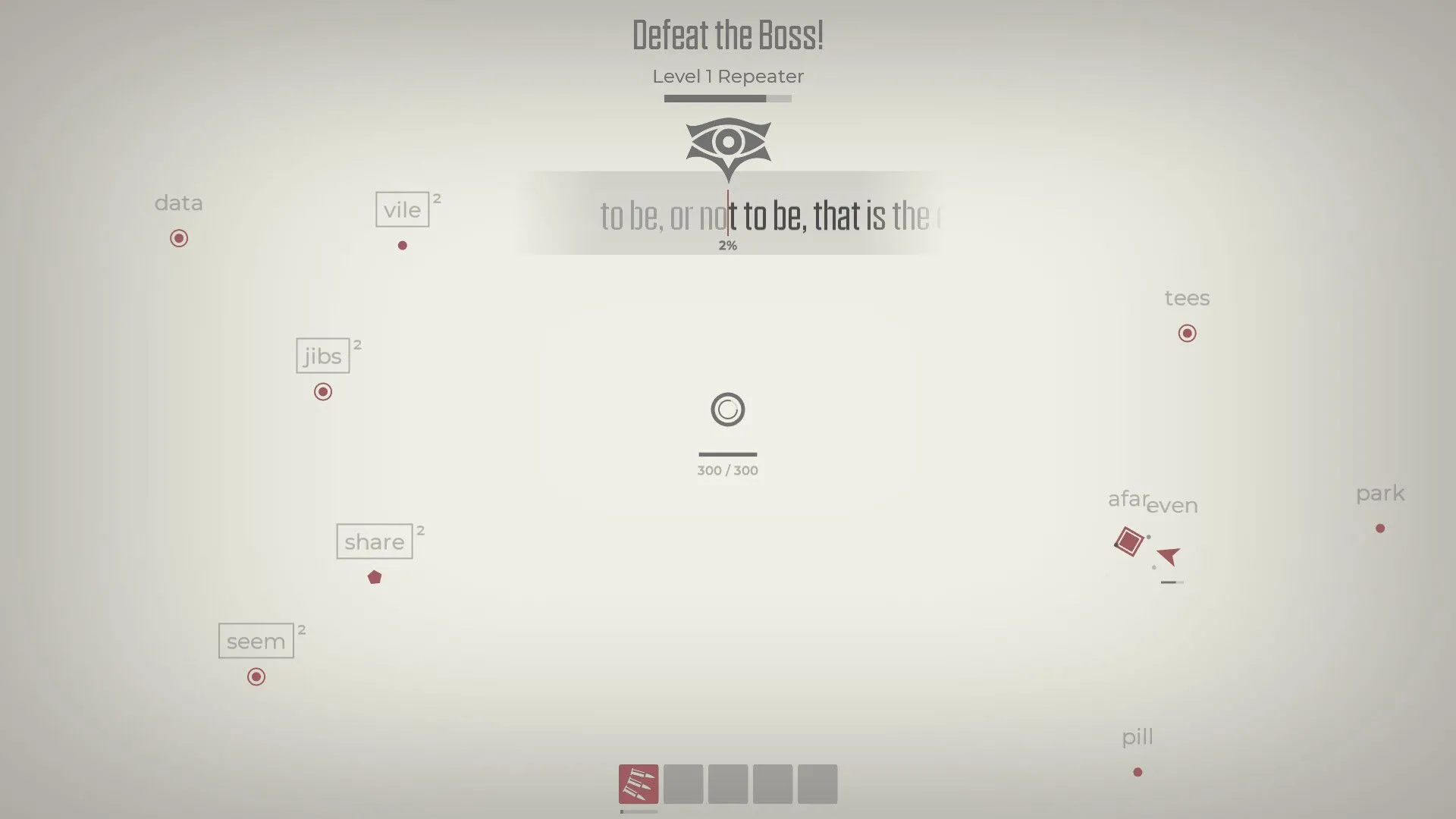Cảnh chiến đấu với trùm trong game Glyphica: Typing Survival, nơi kỹ năng gõ phím quyết định sinh tồn.