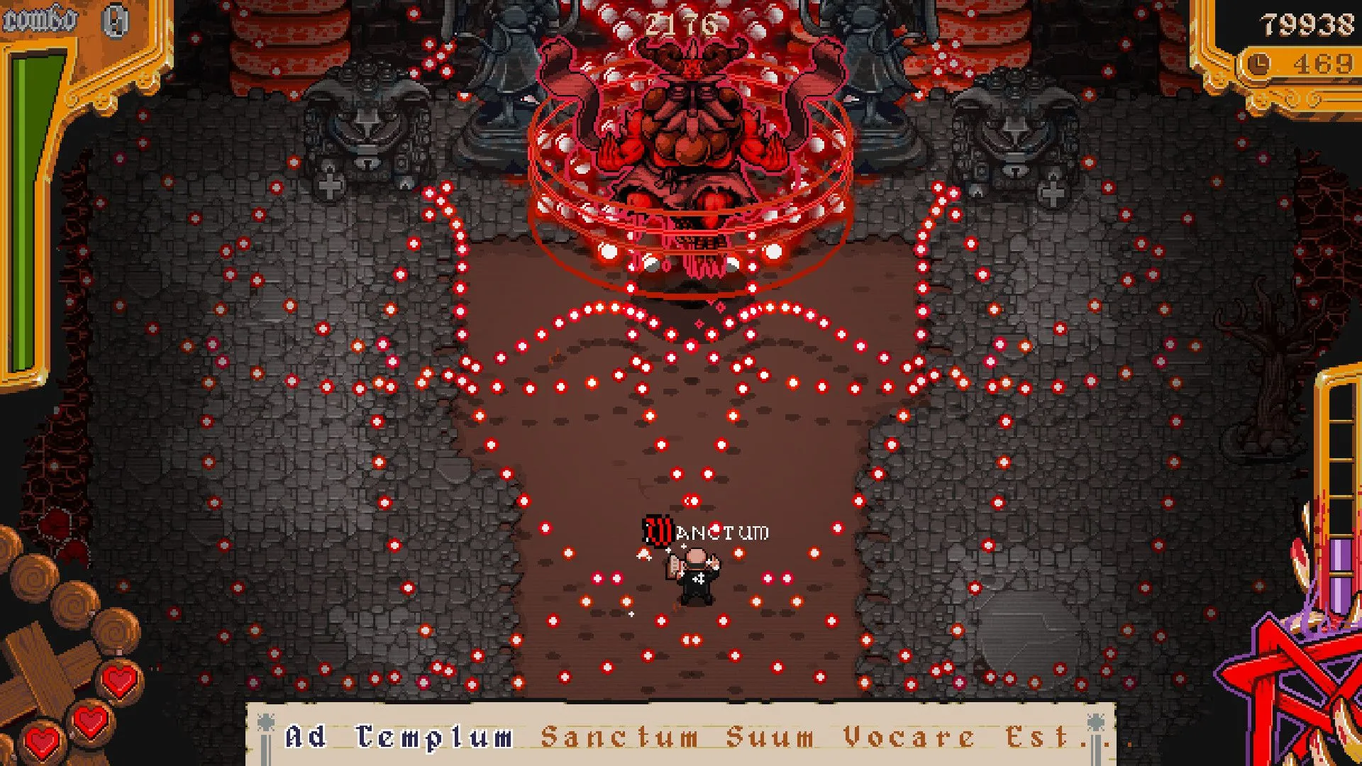 Cảnh chiến đấu với trùm trong The Textorcist: The Story of Ray Bibbia, một game bullet-hell thử thách kỹ năng gõ phím Latin.