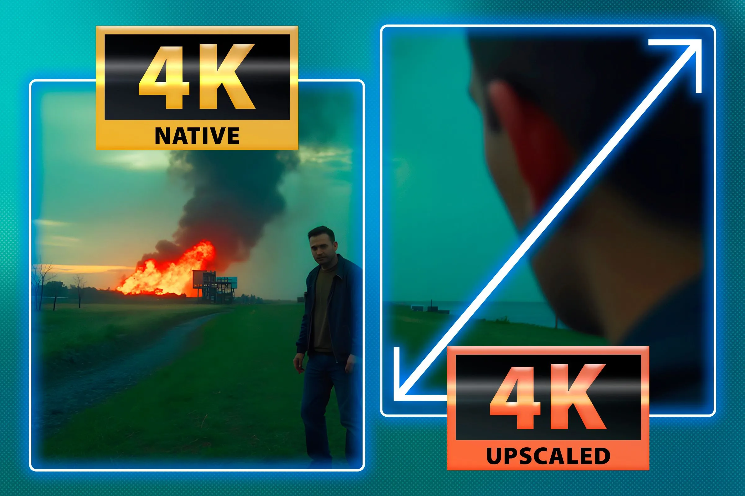 Cảnh game 4K gốc bên trái và cảnh game 4K được nâng cấp bên phải, minh họa sự khác biệt chất lượng.