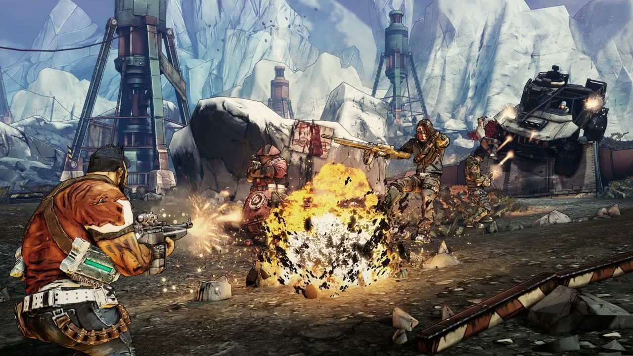 Cảnh game Borderlands 2 với đồ họa cel-shaded độc đáo mang phong cách truyện tranh.