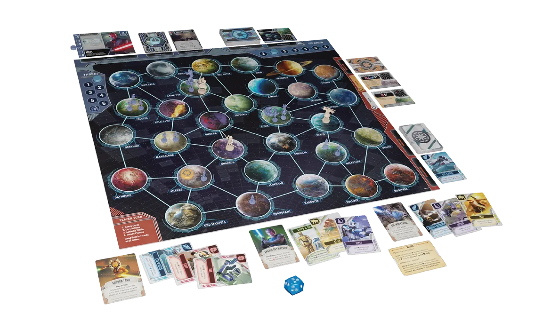 Cảnh giữa ván chơi Board Game Star Wars: The Clone Wars, với các quân cờ và bản đồ.