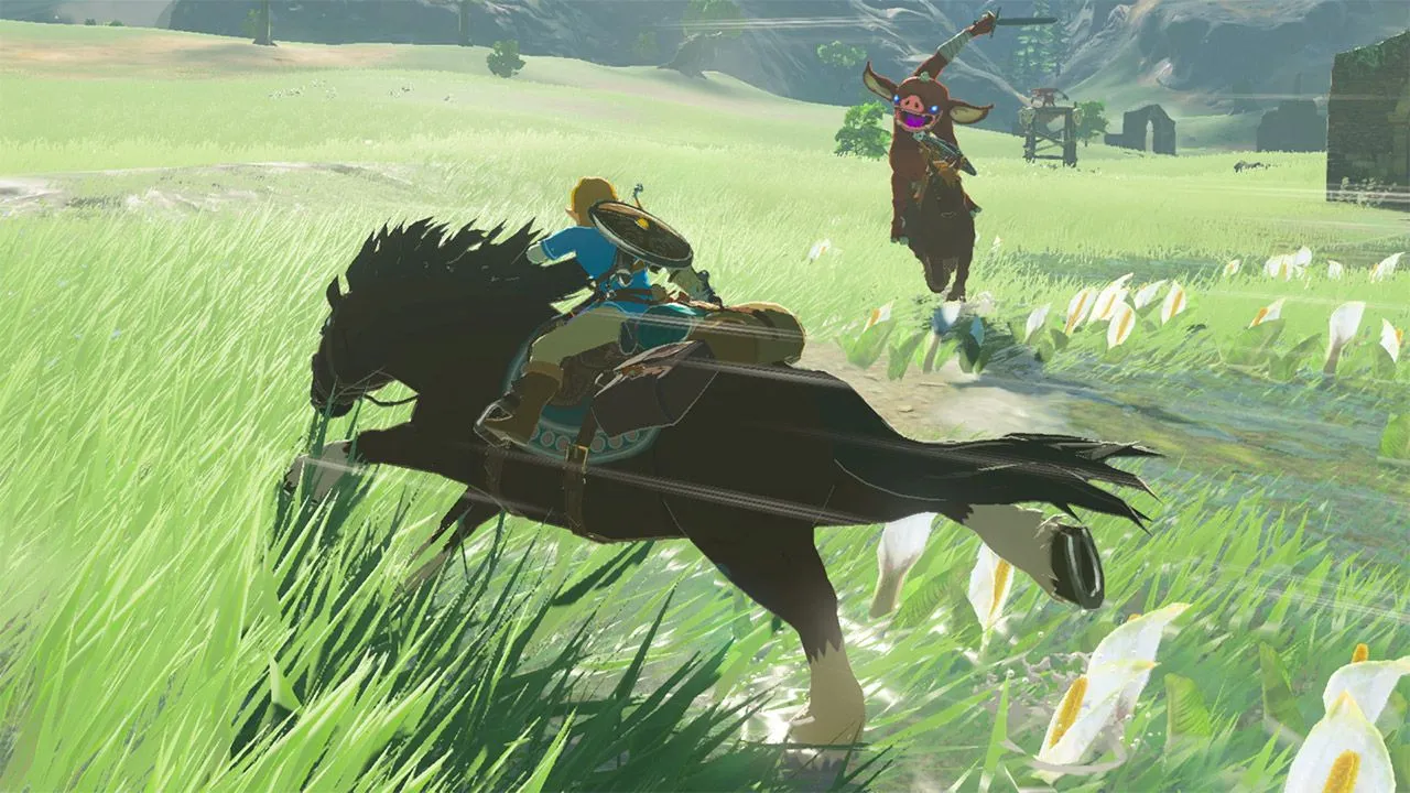 Cảnh quan hùng vĩ trong The Legend of Zelda: Breath of the Wild với Link đang khám phá.