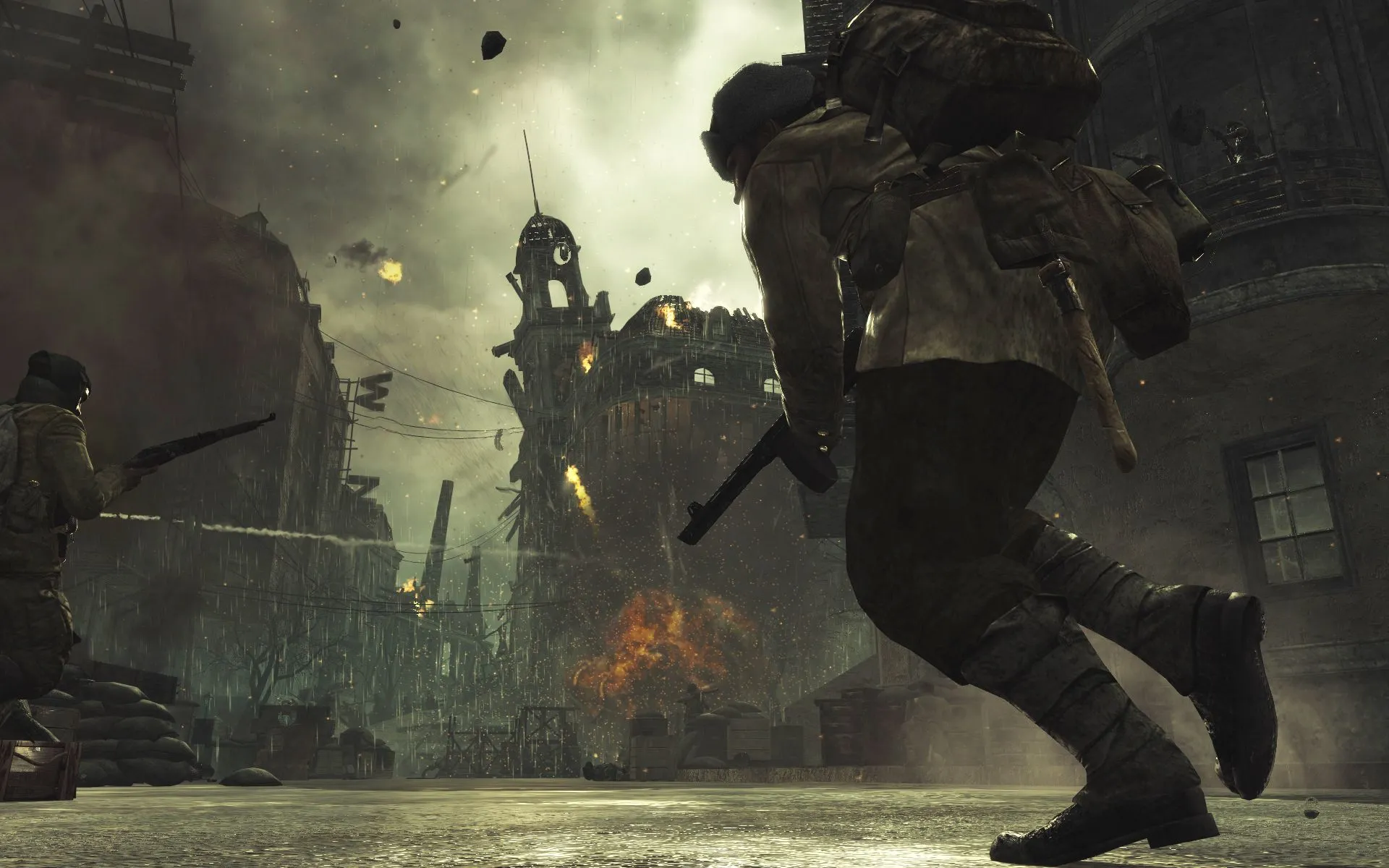Cảnh từ trò chơi Call of Duty: World at War hiển thị lính Mỹ đang chiến đấu chống lại quân đội Nhật Bản trên một hòn đảo nhiệt đới