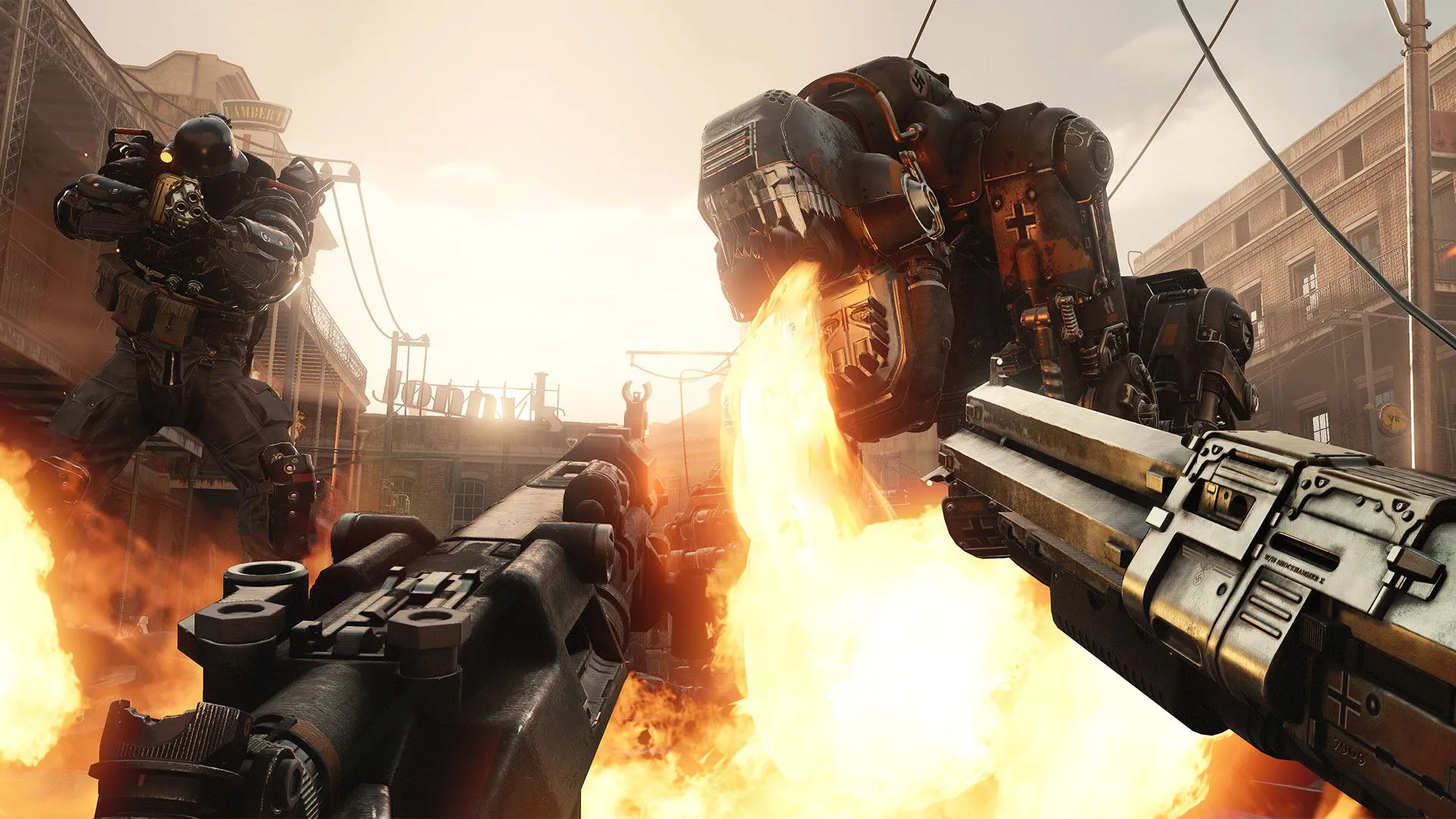 Cảnh từ trò chơi Wolfenstein II: The New Colossus hiển thị nhân vật chính B.J. Blazkowicz trong trận chiến chống lại lính Đức Quốc xã trong môi trường đô thị bị tàn phá