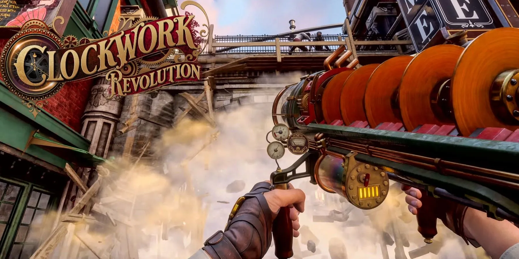 Cảnh tượng phá hủy môi trường trong Clockwork Revolution, với hiệu ứng đồ họa ấn tượng thể hiện sự khác biệt so với đồ họa tả thực.