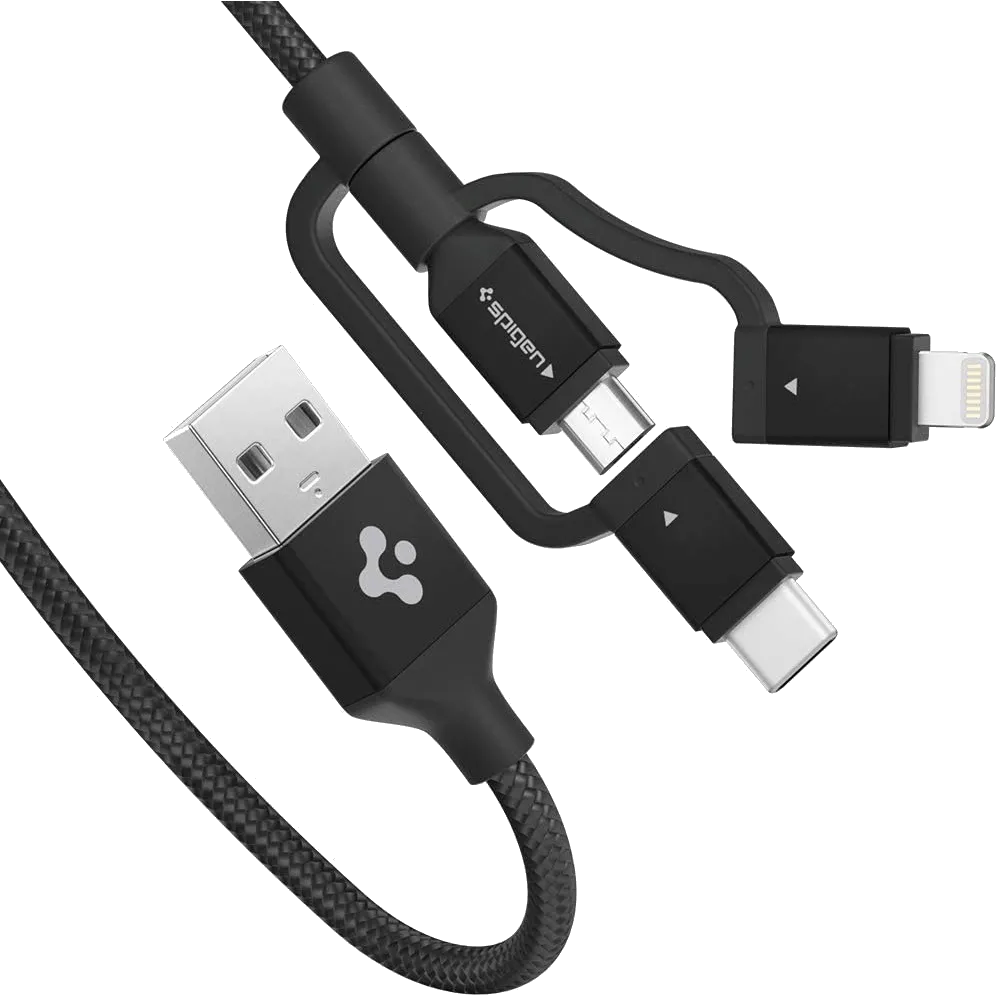 Cáp sạc Spigen DuraSync 3-in-1 với các đầu Lightning, Micro-USB và USB-C trên nền trắng