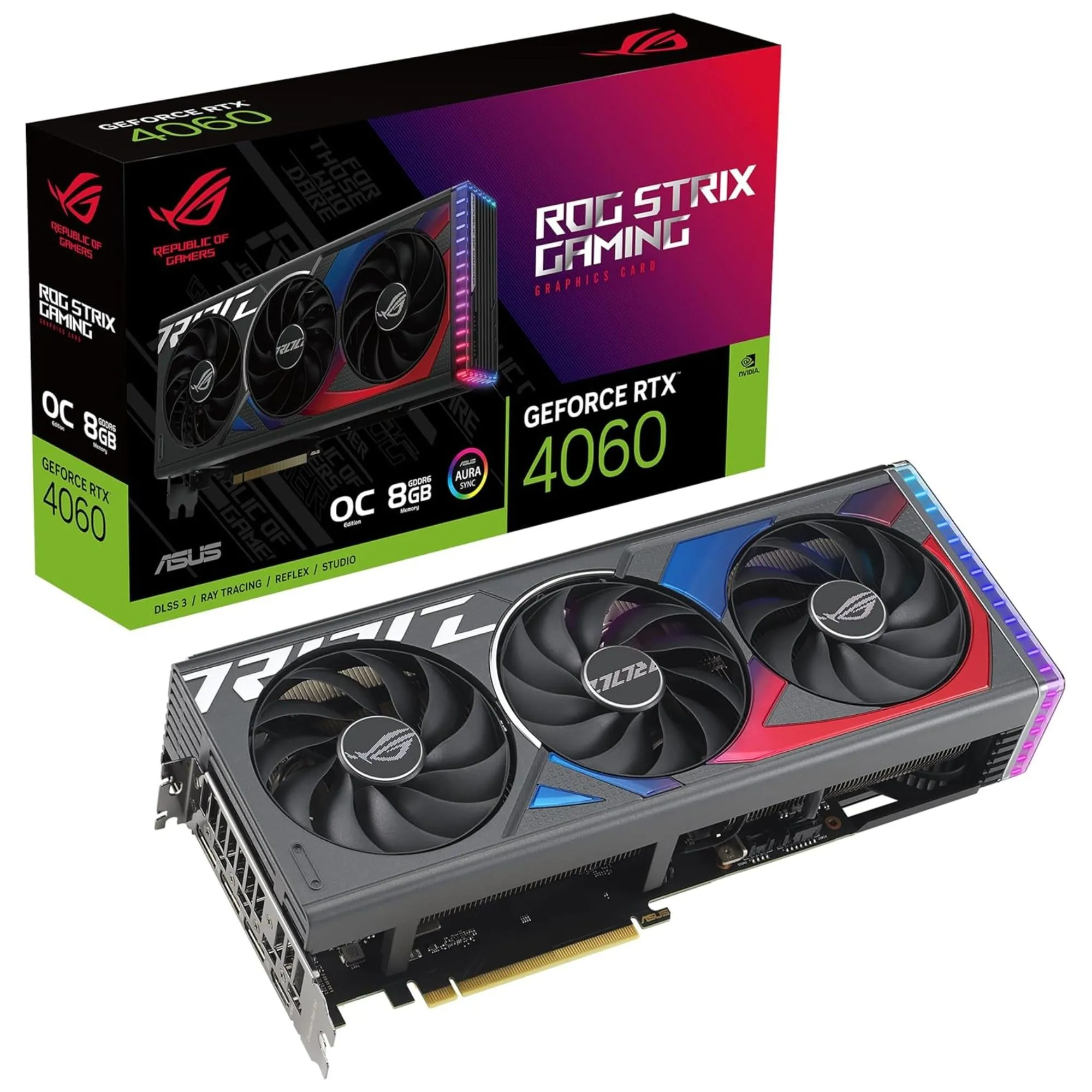 Card đồ họa ASUS ROG Strix RTX 4060 Gaming OC Edition màu đen với ba quạt tản nhiệt và đèn RGB